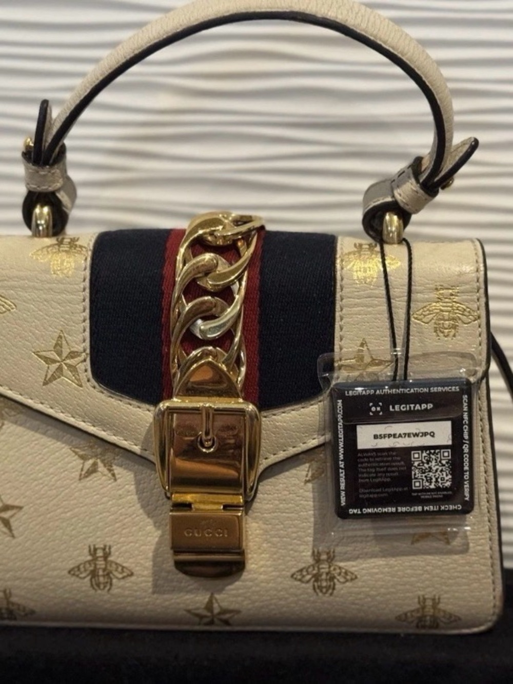 Gucci-SILVI- Cream Bee & Star Print Top Handle Satchel with Navy and Red Stripe - Picture 1 of 10